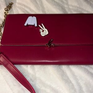 Agnis B red leather crossbody bag straps chain and leather credit cards slots